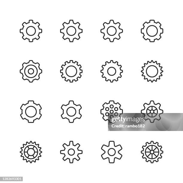 gear, settings line icons. editable stroke. pixel perfect. for mobile and web. contains such icons as gear, equipment, engine, settings icon, engineering, industry, machine part, progress, teamwork, technology, management, repair, tool, construction. - engine blueprint stock illustrations