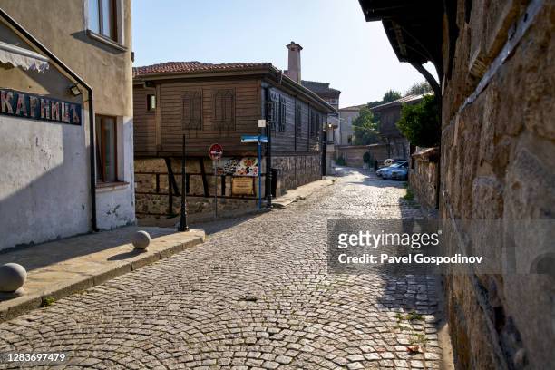 traditional wooden architecture dominating the old town of sozopol, bulgaria - sozopol bulgaria stock pictures, royalty-free photos & images