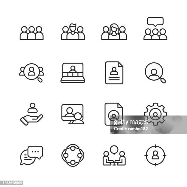 human resources line icons. editable stroke. pixel perfect. for mobile and web. contains such icons as recruitment, occupation, job, employment, labor, meeting, teamwork, partnership, office, organisation, presentation, job interview, candidate, resume. - job listing stock illustrations