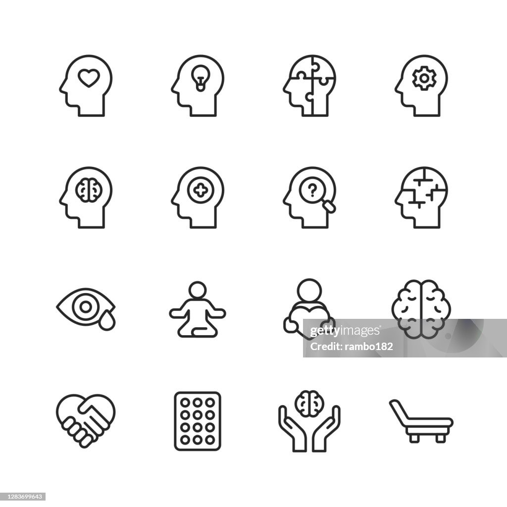 Iconos de línea de bienestar y salud mental. Trazo editable. Pixel perfecto. Para móviles y web. Contiene iconos como Ansiedad, Cuidado, Depresión, Estrés emocional, Salud, Medicina, Cerebro humano, Soledad, Psicoterapia, Tristeza, Apoyo, Terapia.