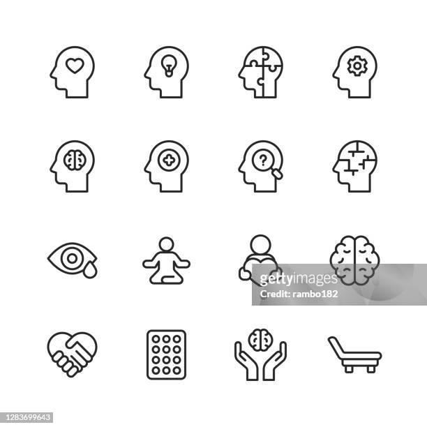 mental health and wellbeing line icons. editable stroke. pixel perfect. for mobile and web. contains such icons as anxiety, care, depression, emotional stress, healthcare, medicine, human brain, loneliness, psychotherapy, sadness, support, therapy. - human brain stock illustrations