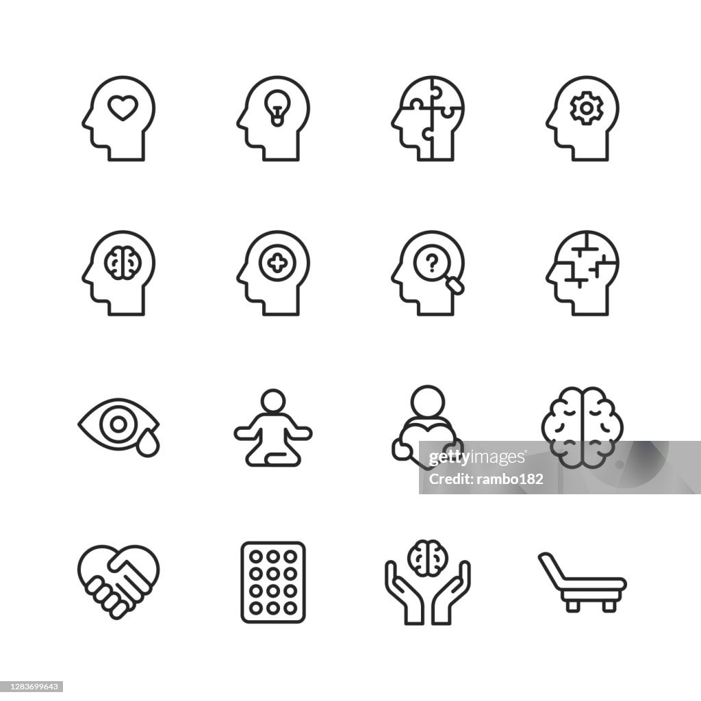 心理健康和福祉線圖示。可編輯描邊。圖元完美。用於行動和 Web。包含焦慮,護理,抑鬱症,情緒壓力,醫療保健,醫學,人腦,孤獨,心理治療,悲傷,支持,治療等圖示。