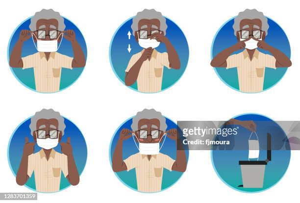elderly old man showing correct use of protection mask against covid-19 - idoso stock illustrations