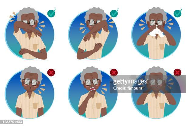 senior man showing how to sneeze and what not to do during covid-19 - idoso stock illustrations