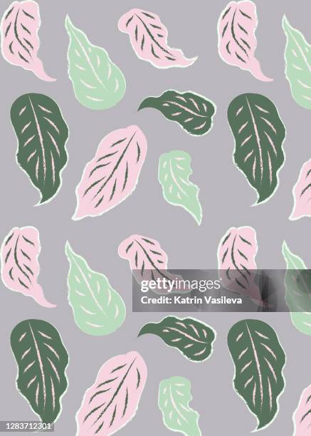 green and pink jungle leafs seamless pattern on a light purple background - shower curtain stock illustrations