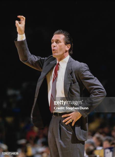 Pat Riley, Head Coach for the Los Angeles Lakers during the 1986/87 NBA Pacific Division basketball season circa March 1987 at The Forum arena in...