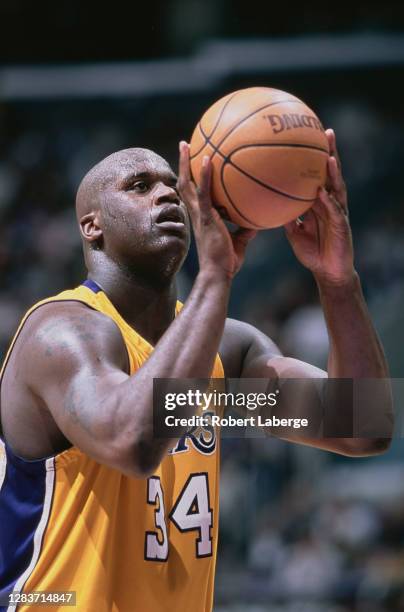 Shaquille O'Neal, Center for the Los Angeles Lakers prepares to shoot a free throw during the NBA Pacific Division basketball game against the...