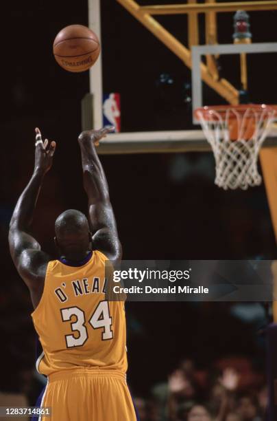 Shaquille O'Neal, Center for the Los Angeles Lakers shoots a free throw during the NBA Pre Regular Season basketball game against the Golden State...