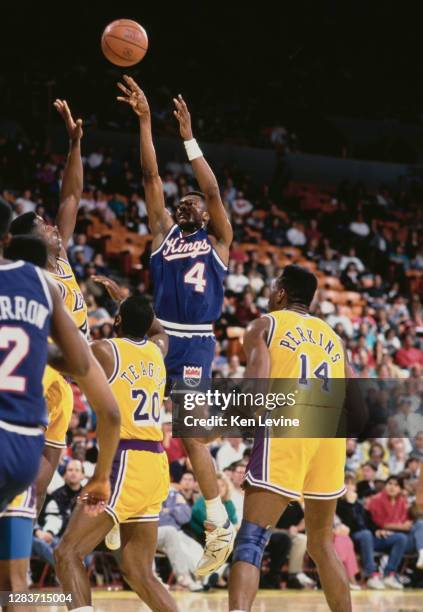 Rick Calloway, Shooting Guard for the Sacramento Kings jumps to shoot for the basket over the Los Angeles Lakers defense during their NBA Pacific...