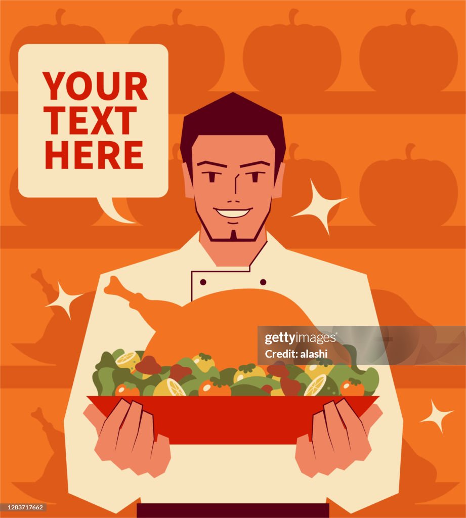 Smiling handsome chef serving traditional Thanksgiving turkey dinner