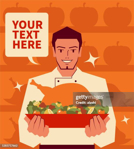 smiling handsome chef serving traditional thanksgiving turkey dinner - eating grilled chicken stock illustrations