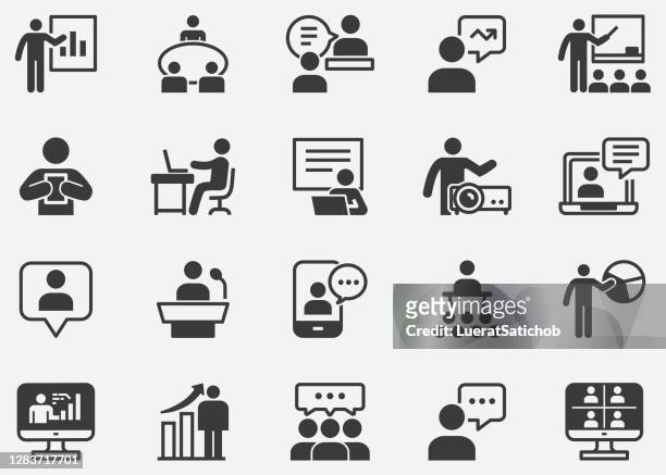 arbeits- und business-präsentation pixel perfect icons - vortrag publikum stock-grafiken, -clipart, -cartoons und -symbole