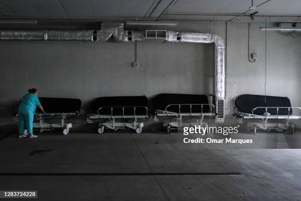 Nurse sets beds in the emergency room for the COVID-19 patients arrivals at the Krakow University Hospital on November 03, 2020 in Krakow, Poland....