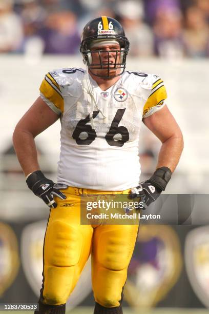 Alan Faneca of the Pittsburgh Steelers looks on during a NFL football game against the Baltimore Ravens on October 27, 2002 at Ravens Stadium in...