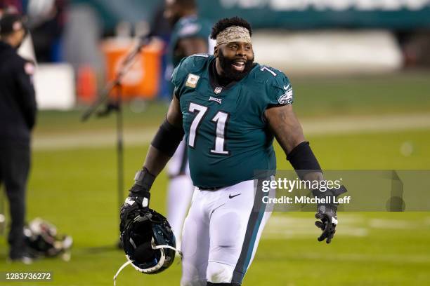 Jason Peters of the Philadelphia Eagles reacts after the game against the Dallas Cowboys at Lincoln Financial Field on November 1, 2020 in...