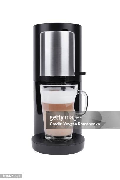 coffee machine preparing coffee latte, isolated on white background - koffiepot stockfoto's en -beelden