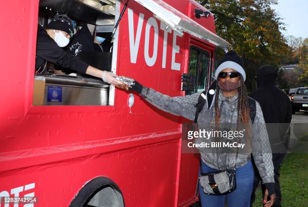 Vote.org food trucks deliver tacos and water to Philadelphia voters in line on Election Day, November 03, 2020 in Philadelphia, Pennsylvania.