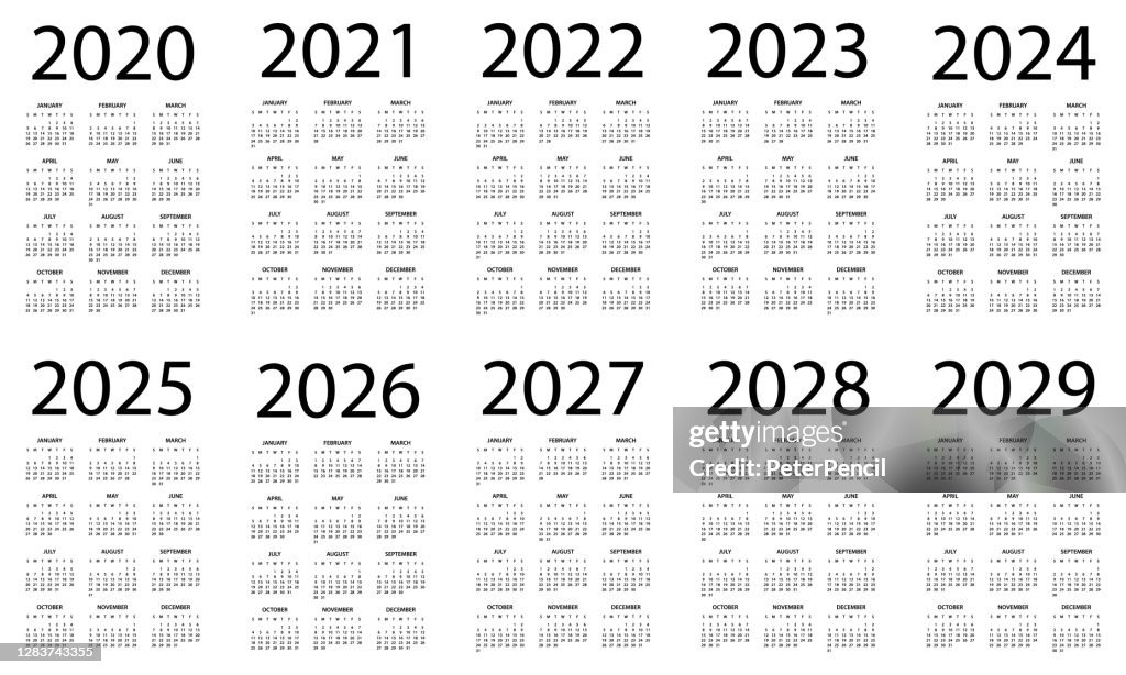 Kalender 2020 2021 2022 2023 2024 2025 206 2027 2028 2029 - Symple Layout Illustration. Die Woche beginnt am Sonntag. Kalenderset für 2020 2021 2022 2023 2024 2025 2026 2027 2028 2029 Jahre