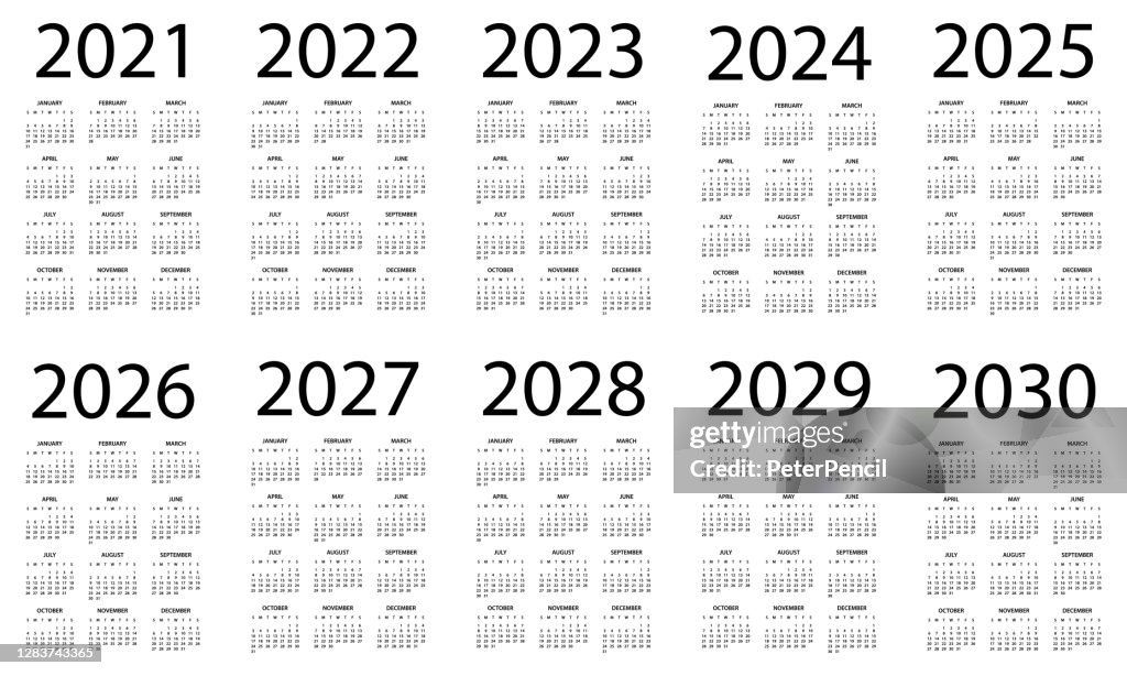 Calendario 2021 2022 2023 2024 2025 206 2027 2028 2029 2030 - Symple Layout Illustration. La semana comienza el domingo. Calendario Set para 2020 2021 2022 2023 2024 2025 2026 2027 2028 2029 años