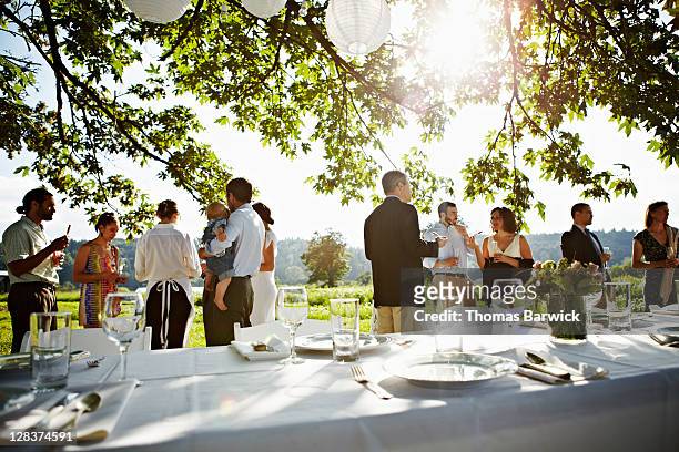 wedding party standing eating appetizers in field - festmahl stock-fotos und bilder