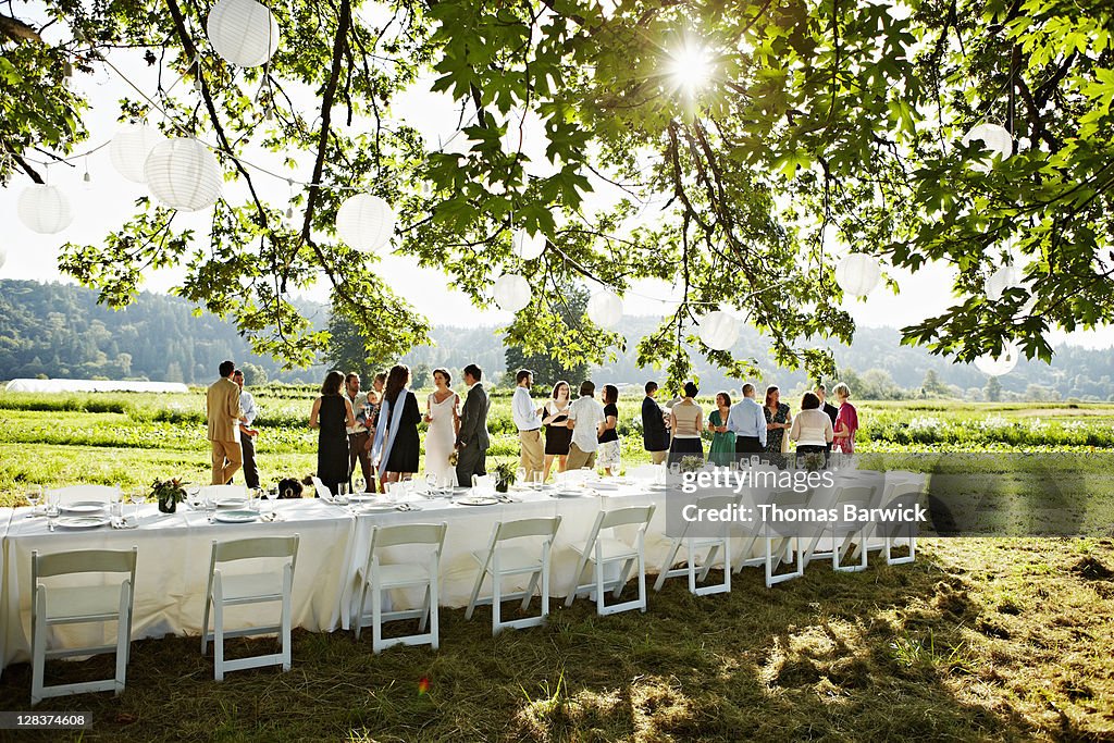 Wedding party having appetizers in field
