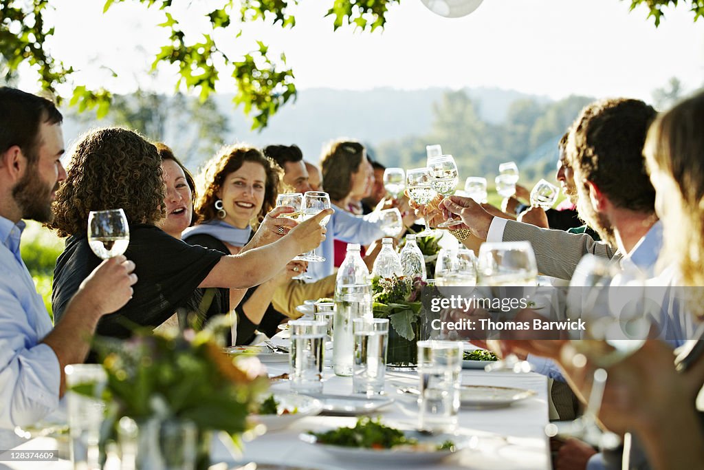 Group of people toasting at table outside in field