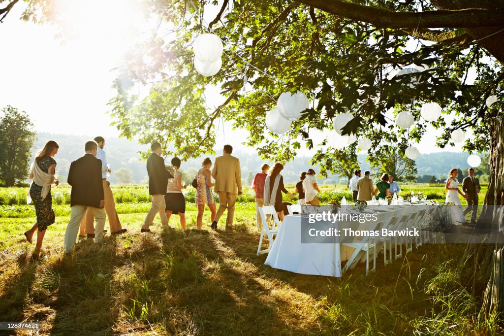 Wedding party walking to table under tree in field