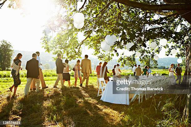 wedding party walking to table under tree in field - banquete de boda fotografías e imágenes de stock