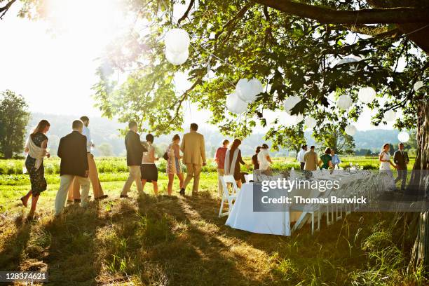 wedding party walking to table under tree in field - pre reception stockfoto's en -beelden