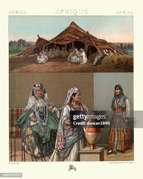 arab nomad tent, kabyle women in traditional dress, north africa - berber stock illustrations