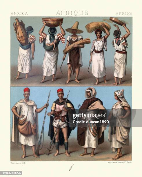 berber and kabyle fashions of algeria and tunisia, traditional costumes - tun stock illustrations