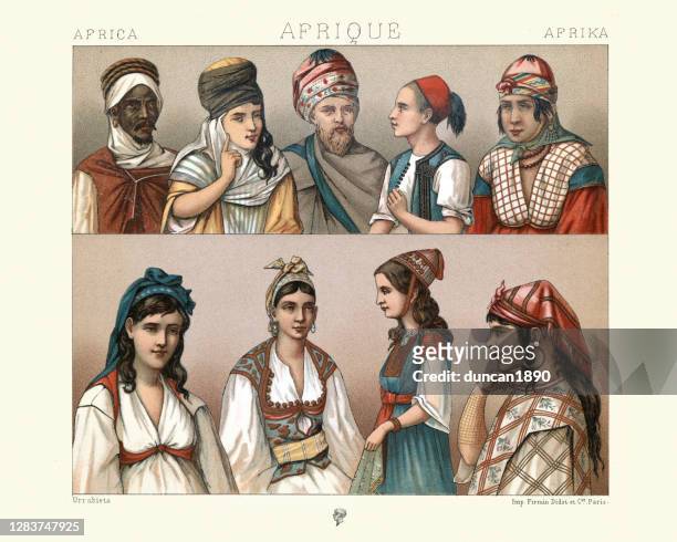 stockillustraties, clipart, cartoons en iconen met traditionele kostuums van algerije, berber, moorse mannen vrouwen, kouloughli - fez hoed