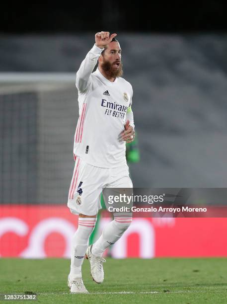 Sergio Ramos of Real Madrid celebrates after scoring his sides second goal during the UEFA Champions League Group B stage match between Real Madrid...
