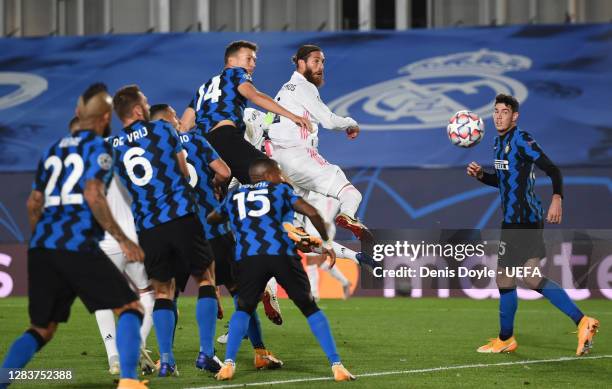 Sergio Ramos of Real Madrid scores his sides second goal during the UEFA Champions League Group B stage match between Real Madrid and FC...