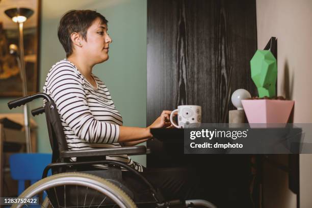 behinderte junge frau, die am computer arbeitet - junge frau im rollstuhl stock-fotos und bilder