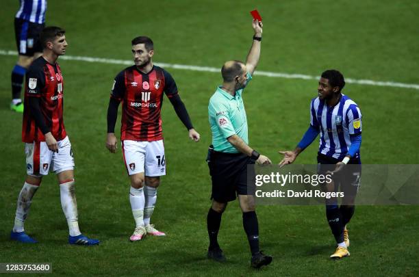 Jed Wallace of Millwall is shown a red card during the Sky Bet Championship match between Sheffield Wednesday and AFC Bournemouth at Hillsborough...