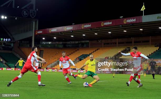 Teemu Pukki of Norwich City shoots during the Sky Bet Championship match between Norwich City and Millwall at Carrow Road on November 03, 2020 in...