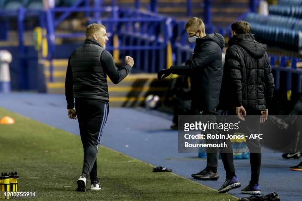 Gary Monk of Sheffield Wednesday with his assistant James Beattie after their sides 1-0 win during the Sky Bet Championship match between Sheffield...