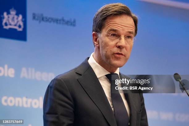 Prime minister Mark Rutte seen during a press conference on extended coronavirus measures on November 3, 2020 in The Hague, Netherlands.