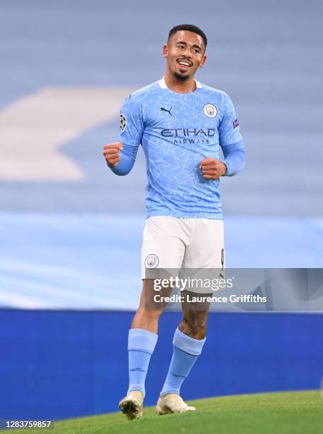 Gabriel Jesus of Manchester City celebrates after scoring his sides second goal during the UEFA Champions League Group C stage match between...