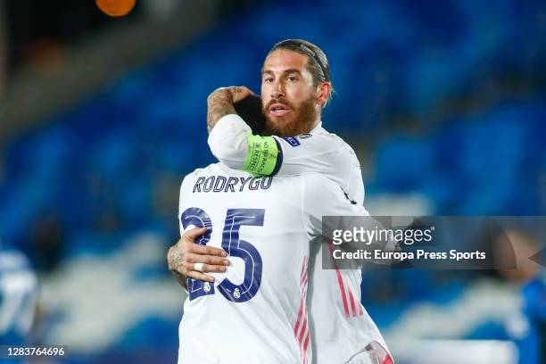 Rodrygo Silva de Goes and Sergio Ramos of Real Madrid celebrate a goal during the UEFA Champions League Group B stage match between Real Madrid and...