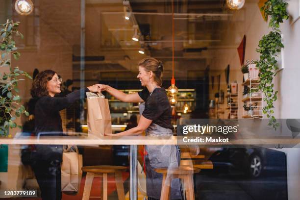 side view of smiling saleswoman giving shopping bag to female customer at checkout counter seen through glass window - reglas de sociedad fotografías e imágenes de stock