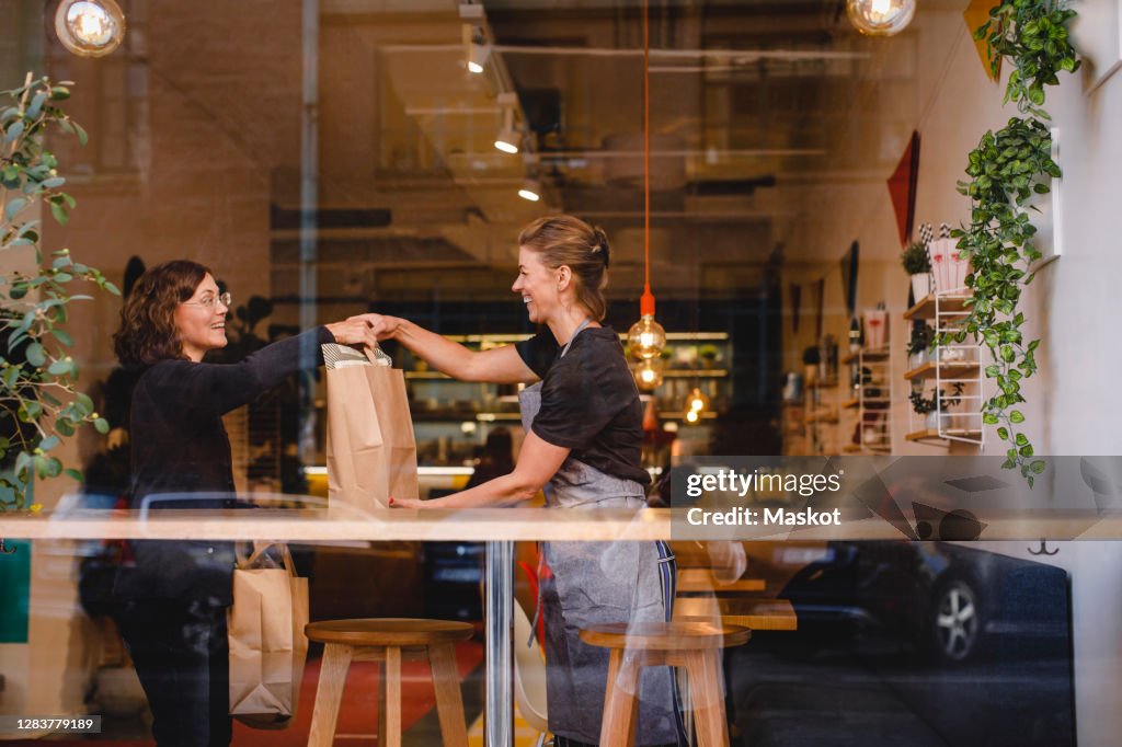 Side view of smiling saleswoman giving shopping bag to female customer at checkout counter seen through glass window