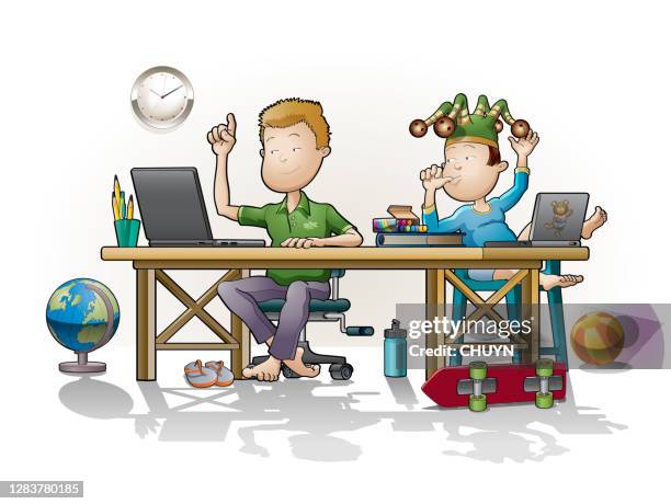 learning from home - 12 year old cute boys stock illustrations