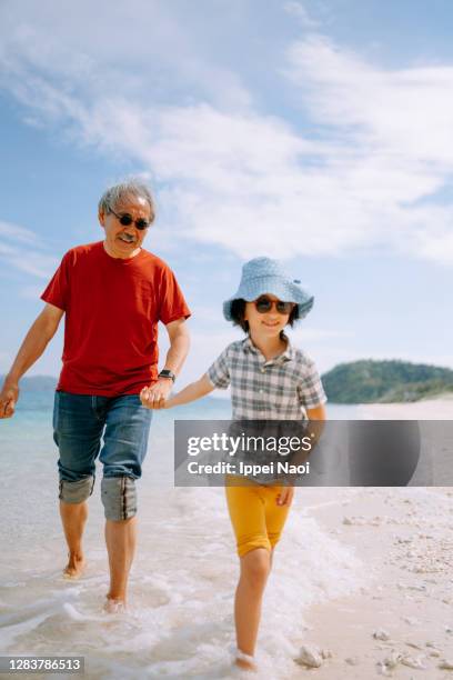 grandfather and granddaughter walking on beach, okinawa, japan - granddaughter ストックフォトと画像