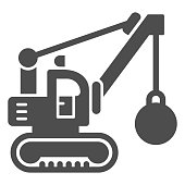 Excavator with ball to destroy buildings solid icon, heavy equipment concept, crane with wrecking ball sign on white background, Wrecker excavator icon in glyph style. Vector graphics.