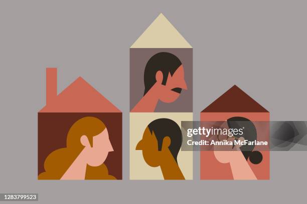 ilustraciones, imágenes clip art, dibujos animados e iconos de stock de amigos y vecinos que se pierden en hogares separados - problemas de vivienda