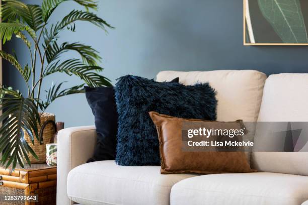 living room sofa with cushions and indoor plant - navy blue wall stock pictures, royalty-free photos & images