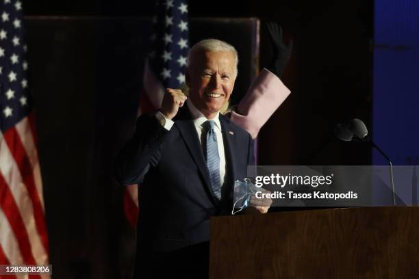 Democratic presidential nominee Joe Biden speaks at a drive-in election night event at the Chase Center in the early morning hours of November 04,...