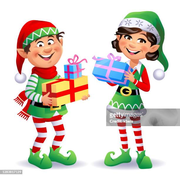 süße weihnachtselfen mit geschenken - elfe stock-grafiken, -clipart, -cartoons und -symbole